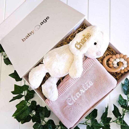 Luxury Personalised Baby Gift Hamper | Marshmallow Bunny, Pink Star Blanket & Teether Toy