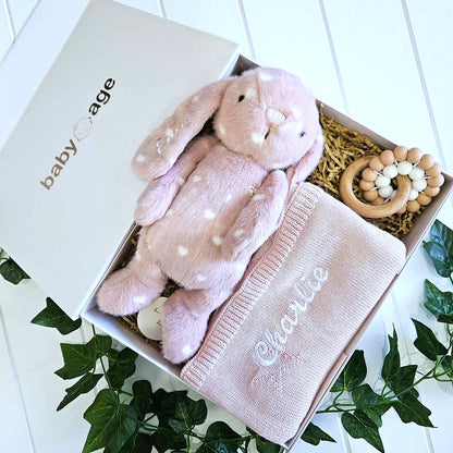 Personalised Penelope Pink Love Bunny, Pink Star Blanket & Teether Toy Baby Gift Set