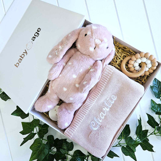 Personalised Penelope Pink Love Bunny, Pink Star Blanket & Teether Toy Baby Gift Set