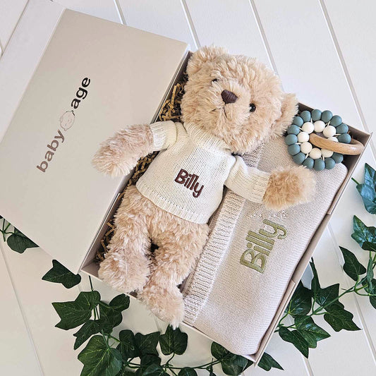 Luxury Personalised Baby Gift Hamper | Caramel Teddy, Blanket & Teether Toy