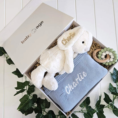 Luxury Personalised Baby Gift Hamper | Marshmallow Bunny, Baby Blue Star Blanket & Teether Toy