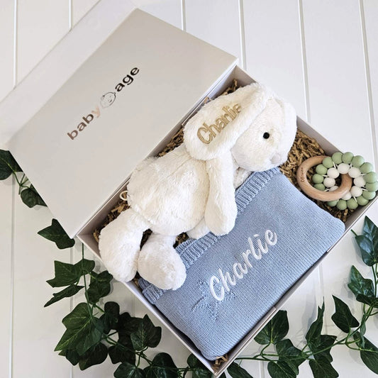Luxury Personalised Baby Gift Hamper | Marshmallow Bunny, Baby Blue Star Blanket & Teether Toy
