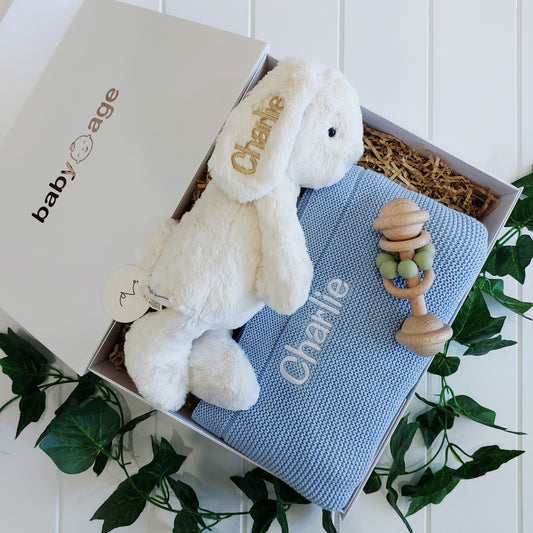 Luxury Personalised Baby Gift Hamper | White Bunny, Baby Blue Blanket & Teether Toy
