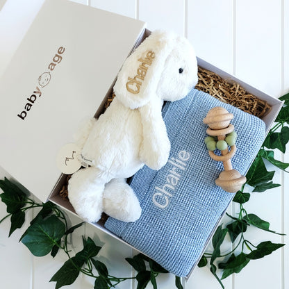 Luxury Personalised Baby Age Gift Hamper | Sunshine Bunny, BabyAge Blue Blanket & Teether Toy BabyAge