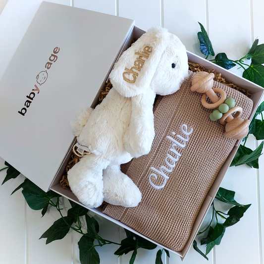 Luxury Personalised Baby Age Gift Hamper | Marshmallow Bunny, BabyAge Latte Blanket & Teether Toy
