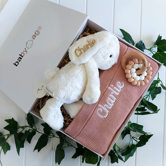 Luxury 3-Piece Personalised Baby Age Gift Hamper in White & Pink